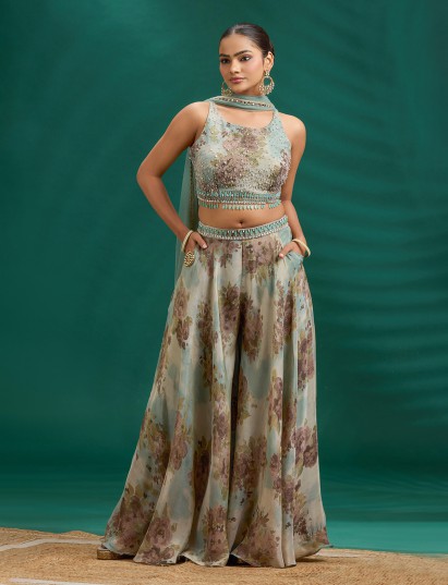 Muted floral crystal embellished palazzo set elegance