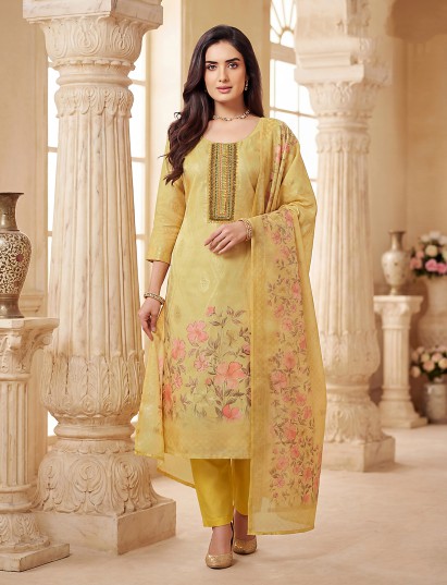 Light yellow cotton silk salwar suit with zari work
