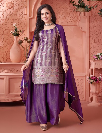 Purple silk palazzo suit with elegant mirror detailing