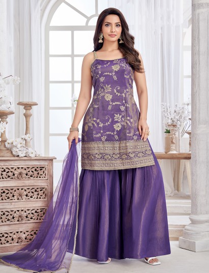 Purple silk sharara suit with radiant embellishments