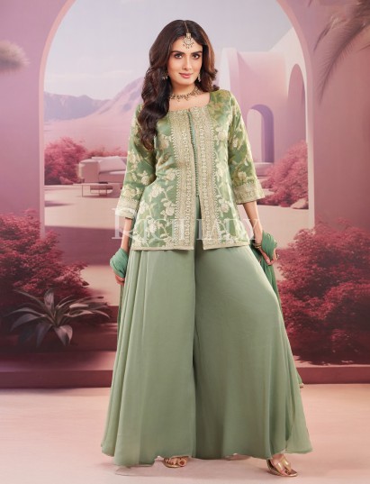 Pista green palazzo suit with subtle luxurious finish