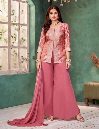 Onion pink palazzo suit with brocade and shimmer