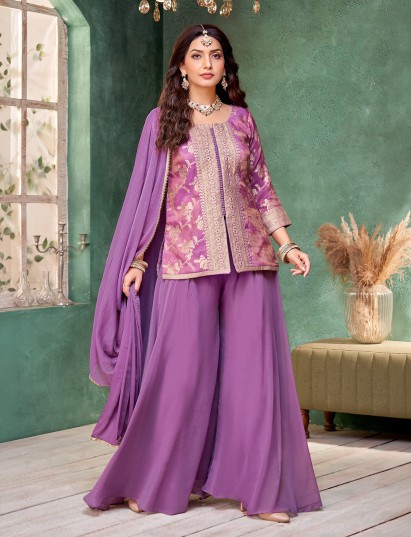 Purple brocade palazzo suit with rich festive elegance