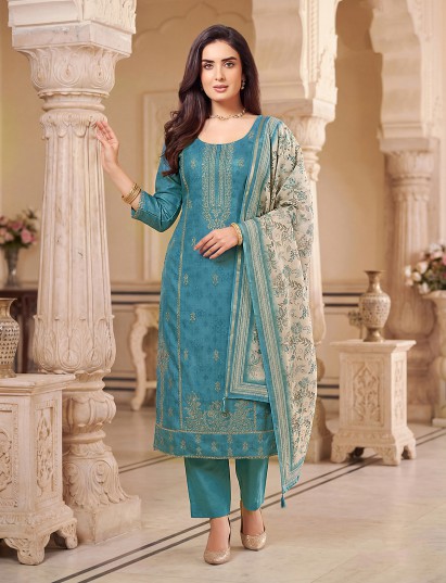 Blue silk suit with elegant embroidered festive detailing