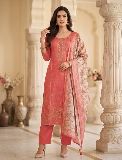 Peach silk suit with delicate embroidery and shimmer