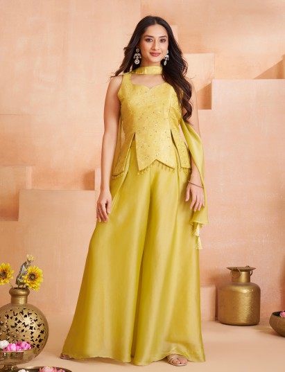 Yellow silk palazzo suit with festive embellishments