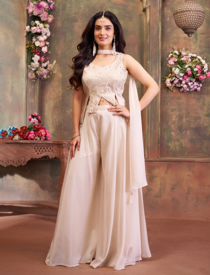 Off white silk palazzo suit with zari work