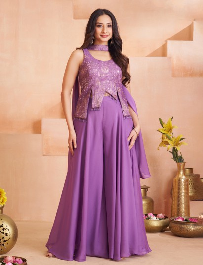 Purple silk palazzo suit with sequin embellishments