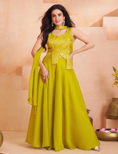Light green silk palazzo suit with tassel detailing