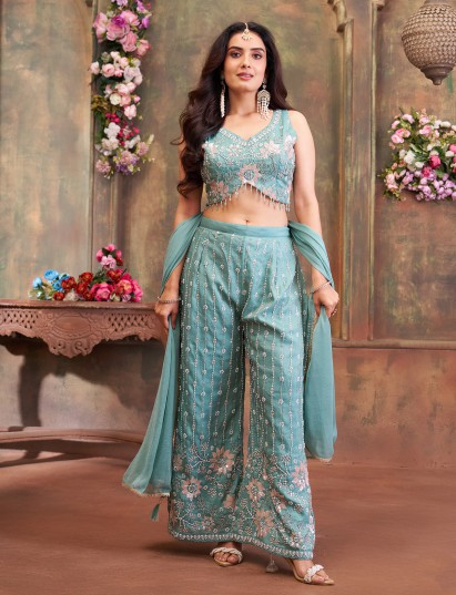 Blue silk palazzo suit with elegant embellished finish