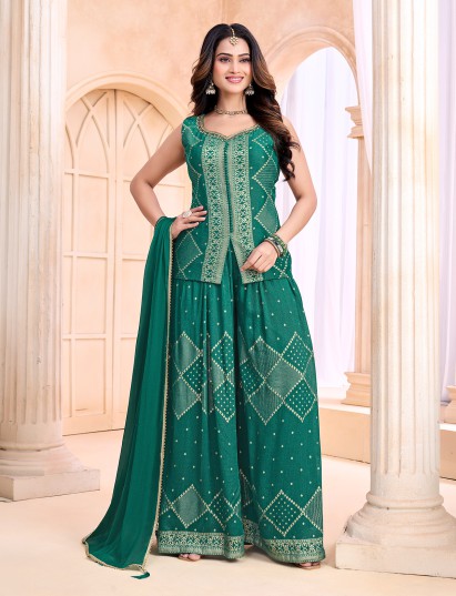 Green georgette palazzo suit with elegant shimmer detailing