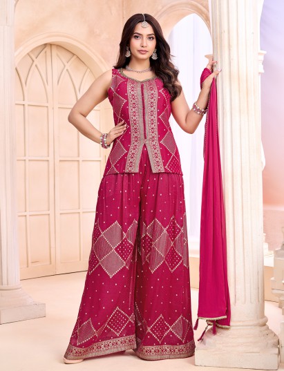 Rani pink georgette palazzo suit with rich detailing
