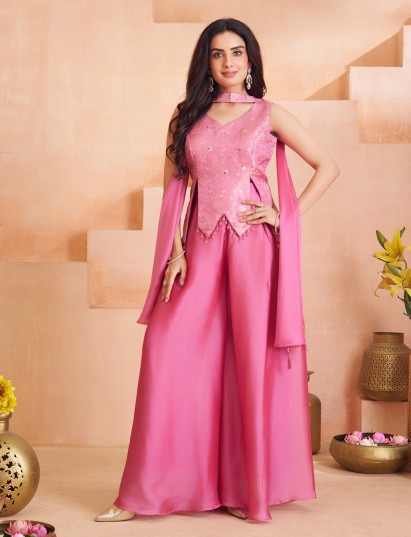 Pink silk palazzo suit with zari and tassels