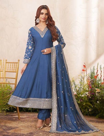 Blue silk anarkali suit with embroidery work