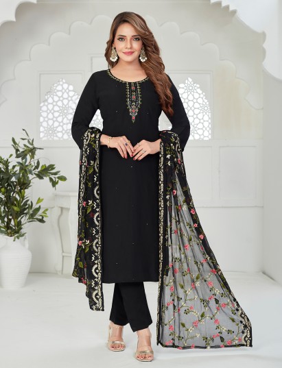 Black silk straight suit with zardosi detailing