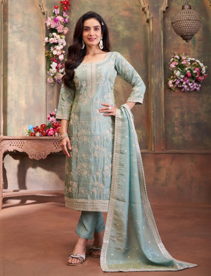 Mint green silk straight suit with sequin work