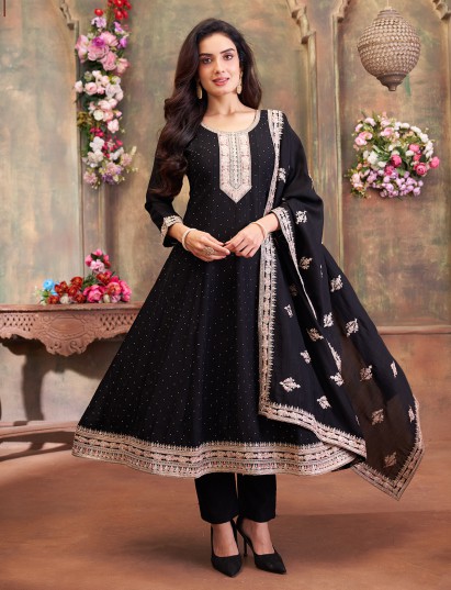 Black silk anarkali suit with sequin detailing