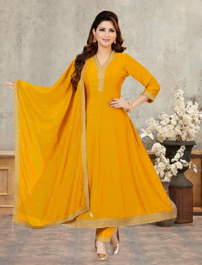 Mustard yellow silk anarkali suit with radiant embroidery