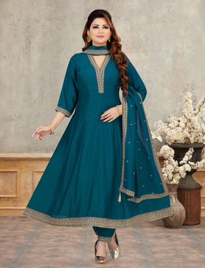 Rama green silk anarkali suit with graceful embroidery