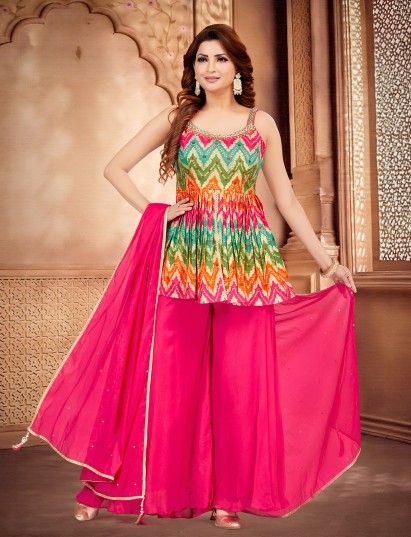 Magenta silk palazzo suit with thread zardosi detailing