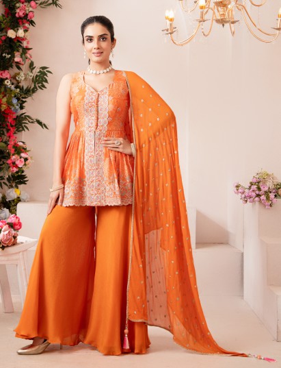 Orange silk palazzo suit with radiant diamond accents
