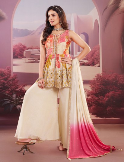 Cream silk palazzo suit with floral mirror elegance