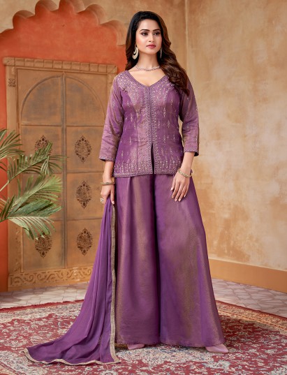 Pastel purple silk palazzo suit with delicate shimmer