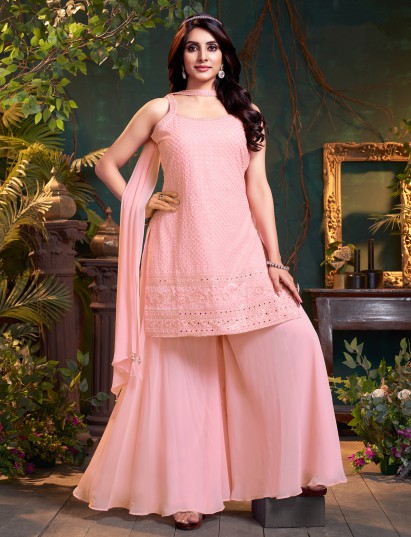 Light pink silk palazzo suit with diamond accents