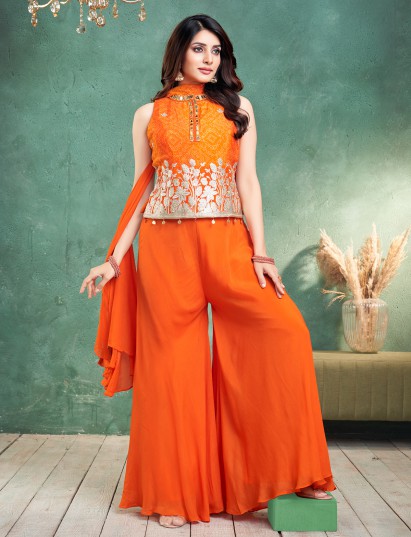 Orange chiffon palazzo suit with mirror embellishments