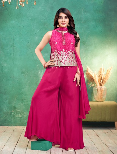 Magenta chiffon palazzo suit with mirror coin work