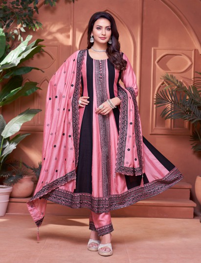 Pink black silk pakistani suit with stripe pattern