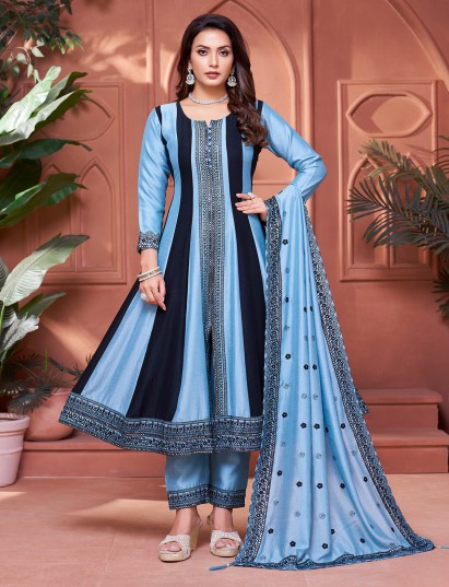 Blue black silk suit with stripe print elegance