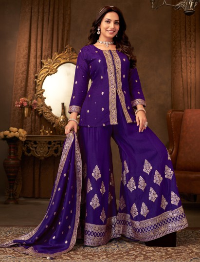 Purple silk palazzo suit with rich zardosi accents