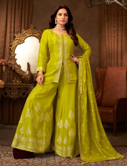 Parrot green silk palazzo suit with festive detailing