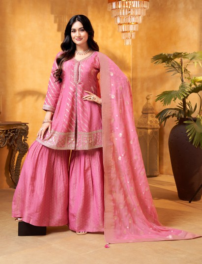 Pink silk sharara suit with zardosi diamond accents