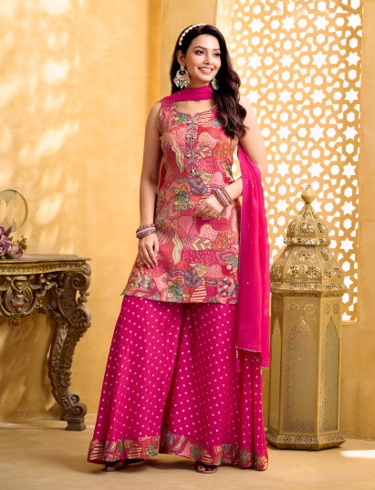 Magenta silk palazzo suit with mirror cowrie detailing