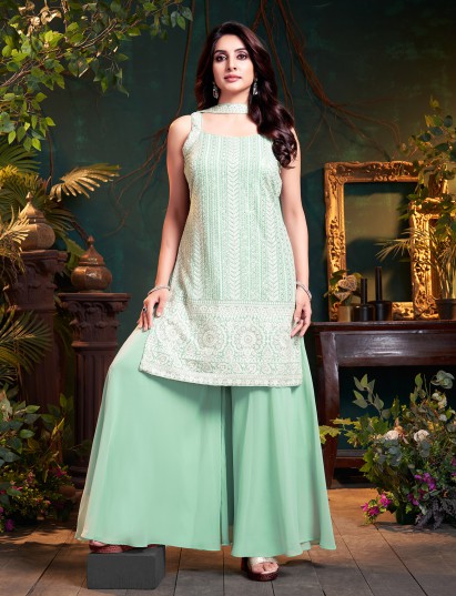 Mint green silk palazzo suit with subtle embroidery