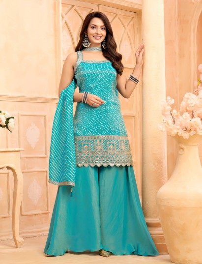 Aqua blue chiffon silk palazzo suit with bandhej