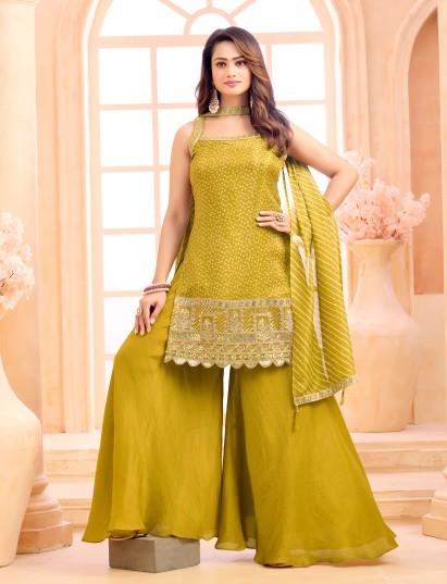 Mehendi olive chiffon palazzo suit with bandhej print