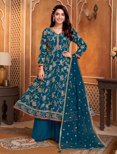 Rama blue silk anarkali palazzo set with dupatta