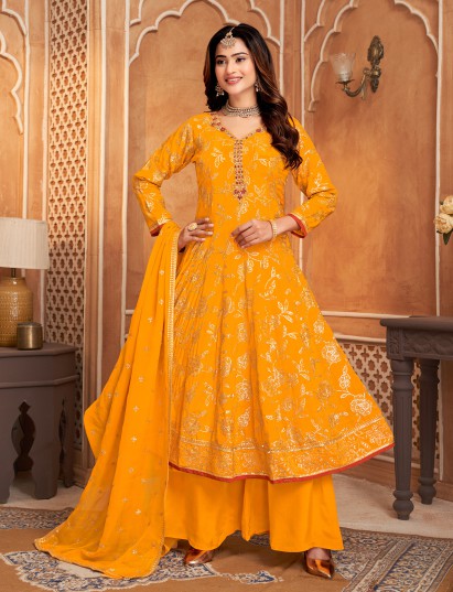 Mustard yellow silk festive anarkali palazzo ensemble