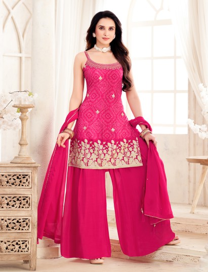 Rani pink bandhej silk palazzo set with dupatta