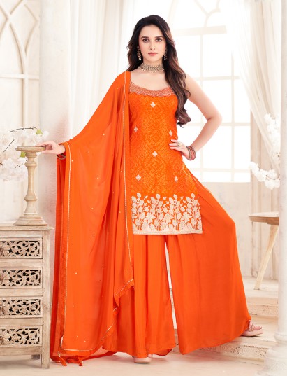 Rust orange bandhej silk festive palazzo ensemble