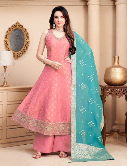 Pastel pink silk festive anarkali palazzo ensemble