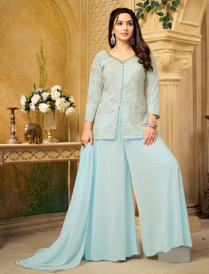 Mint blue georgette festive palazzo ensemble with dupatta