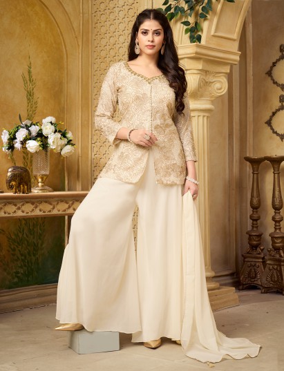 Cream georgette sweetheart neckline palazzo set