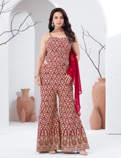 Maroon georgette festive palazzo set with dupatta