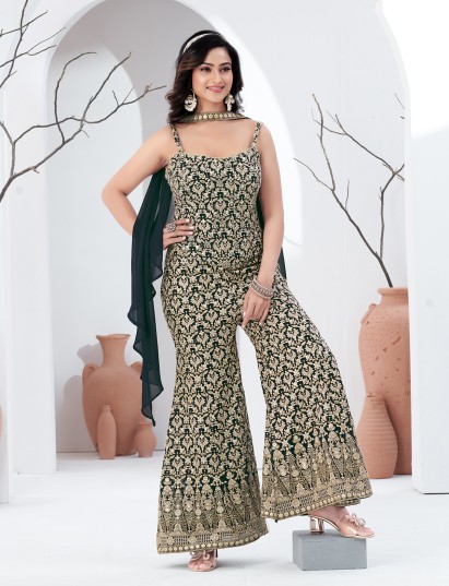 Bottle green georgette festive palazzo set with dupatta