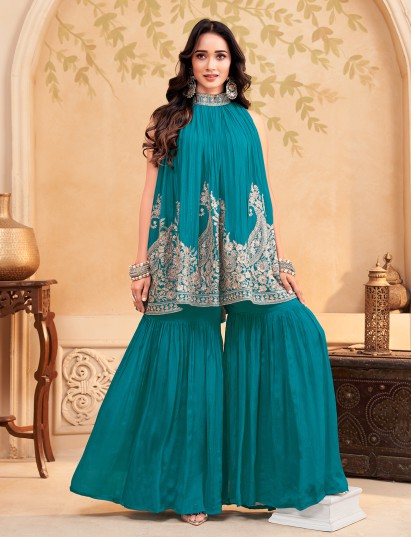 Aqua blue tissue silk festive sharara ensemble