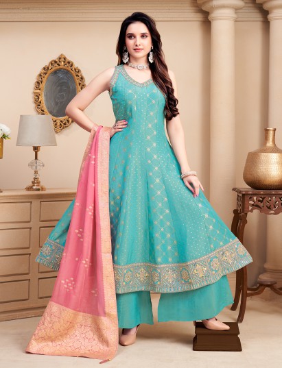 Sky blue silk anarkali set with contrast dupatta